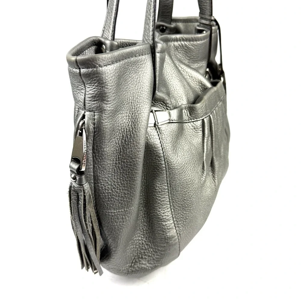 B Makowsky Hobo Handbag Metallic Silver Leather Tasseled Boho Chic Everyday Bag